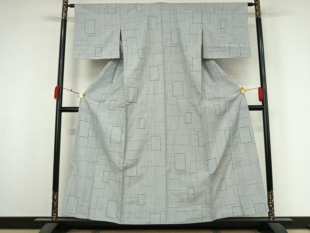 平和屋着物▽上質な紬 単衣 幾何学文様 松坂屋扱い 正絹 逸品 AABK3730jh