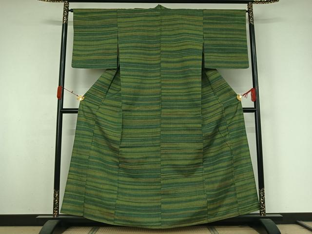 平和屋着物▽上質な紬 単衣 横段文 正絹 逸品 AABK3762jh