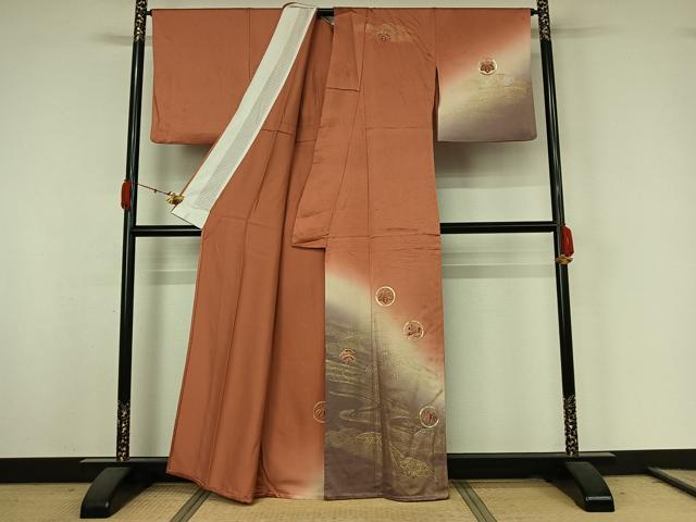 平和屋着物▽訪問着 単衣 駒刺繍 立波花丸文 暈し染め 金彩 正絹 逸品 AABK3771jh