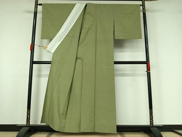 平和屋着物▽お召 単衣 色無地 山葵色 正絹 逸品 AABK3792jh