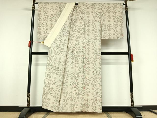 平和屋着物▽小千谷紬 単衣 草花文 正絹 逸品 AABK3793jh