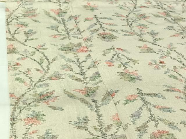 平和屋着物▽小千谷紬 単衣 草花文 正絹 逸品 AABK3793jh