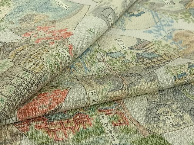 平和屋着物▽上質な小紋 単衣 手描き 扇面風景文 鬼しぼ縮緬 正絹 逸品 AABK3799jh