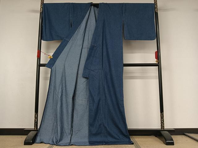 平和屋着物▽デニム着物 単衣 霞文 綿 AABK3809jh