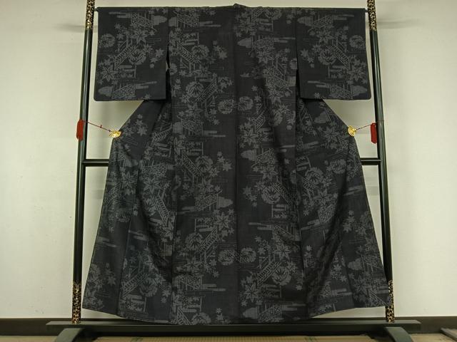 平和屋着物▽結城紬 単衣 100亀甲 雪輪舞葉文 正絹 逸品 AABK3815jh