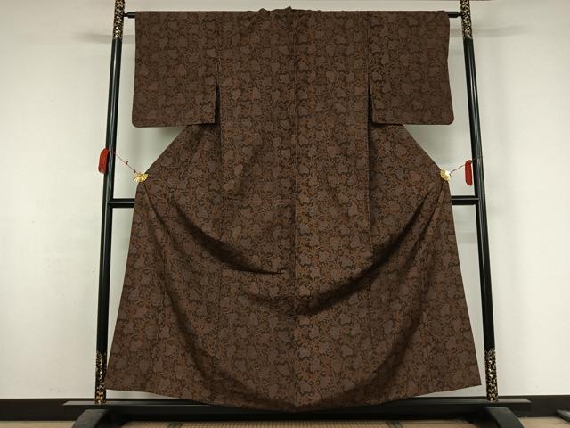 平和屋着物▽上質な小紋 単衣 紬地 更紗花文 正絹 逸品 AABK3816jh