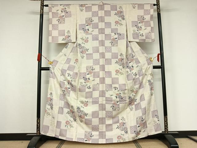 平和屋着物●上質な小紋 単衣 枝花文 金彩 銀通し地 正絹 逸品 AABK3818jh