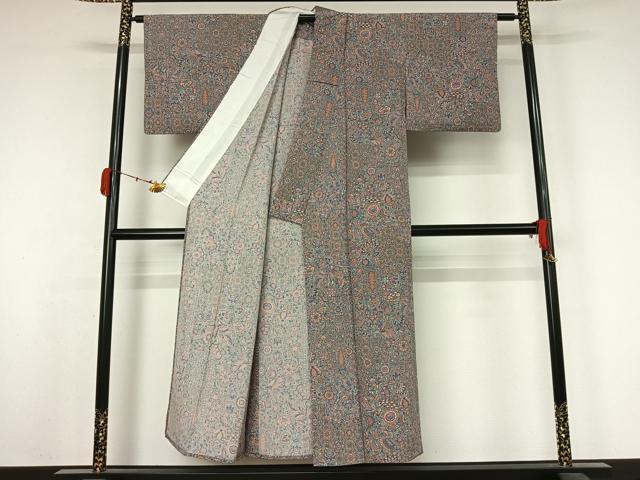 平和屋着物●上質な小紋 単衣 手描き 更紗花鳥文 正絹 逸品 AABK3822jh