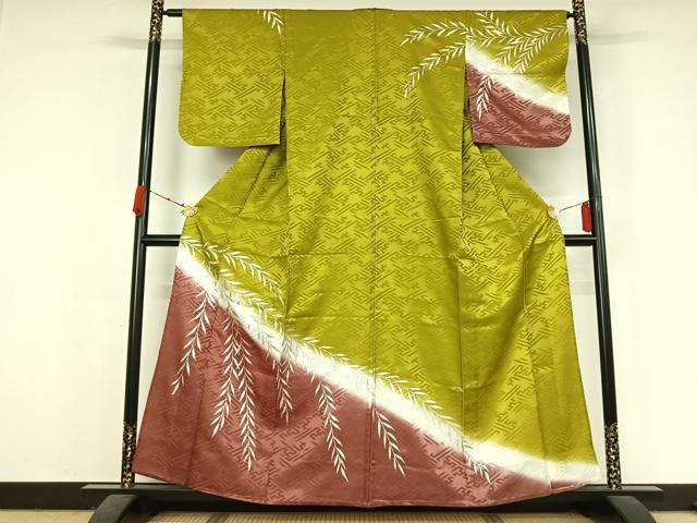 平和屋着物▽訪問着 単衣 草葉文 暈し染め 銀彩 洗える着物 AABK3826jh