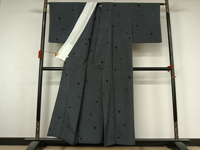 平和屋着物▽塩沢紬 単衣 丸文 黒地 証紙付き 正絹 逸品 AABK3830jh