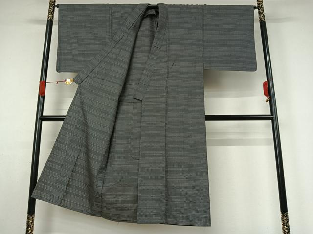 平和屋着物▽男性 お召 単衣 横段文 正絹 逸品 AABK3836jh