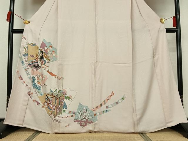 平和屋着物▽訪問着 単衣 刺繍 扇面人物花文 金彩 正絹 逸品 AABK3842jh