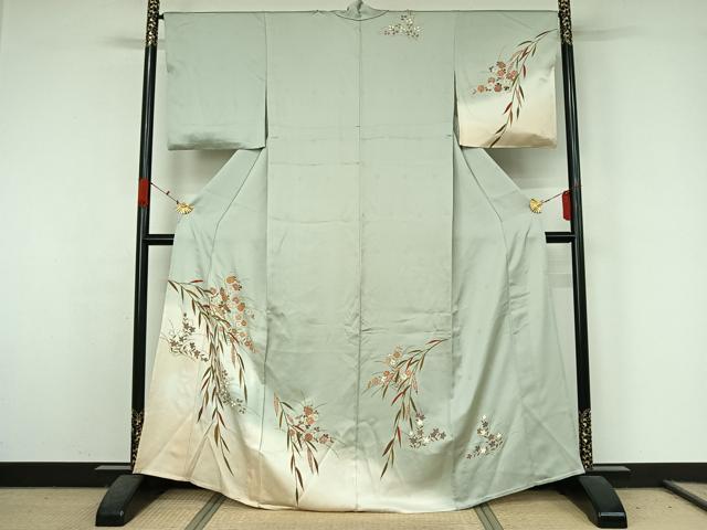 平和屋着物▽訪問着 単衣 駒刺繍 草花文 暈し染め 金彩 正絹 逸品 AABK3844jh