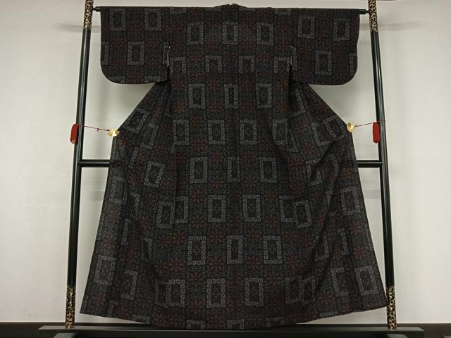 平和屋着物▽小紋 単衣 花唐草文 黒地 AABK3861jh
