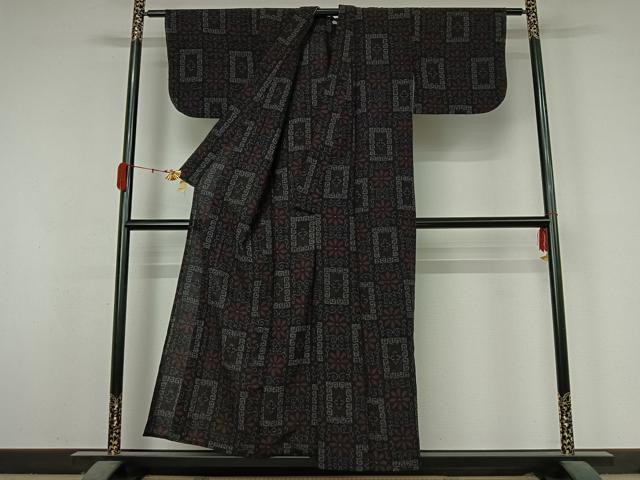 平和屋着物▽小紋 単衣 花唐草文 黒地 AABK3861jh
