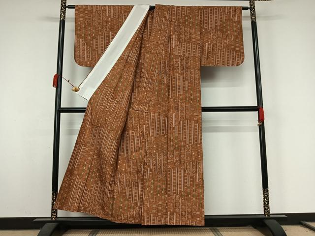 平和屋着物▽上質な紬 単衣 琉球絣文様 正絹 逸品 AABK3878jh