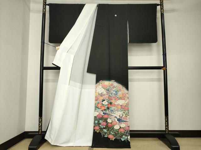 平和屋着物●豪華黒留袖 友禅 作家物 花鳥文 正絹 逸品 AABK3889ck
