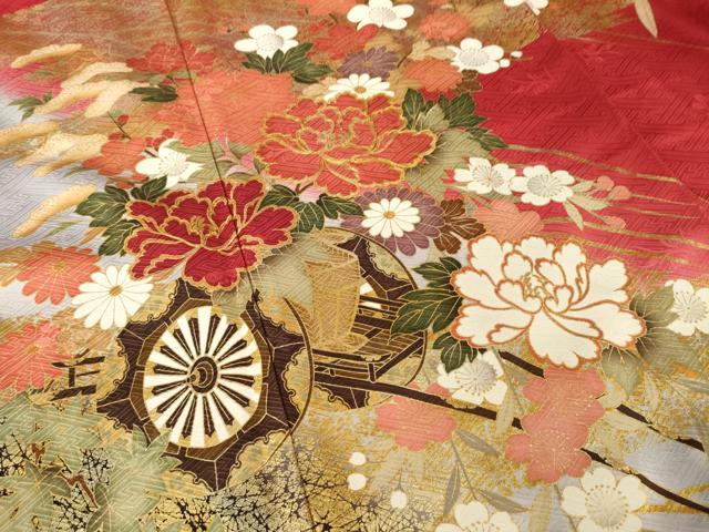 平和屋着物●豪華振袖 駒刺繍 花車文 暈し染め 金彩 正絹 逸品 AABK3897ck