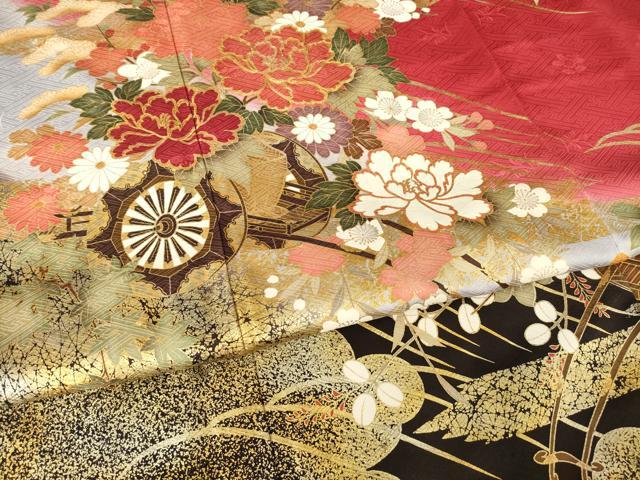 平和屋着物●豪華振袖 駒刺繍 花車文 暈し染め 金彩 正絹 逸品 AABK3897ck