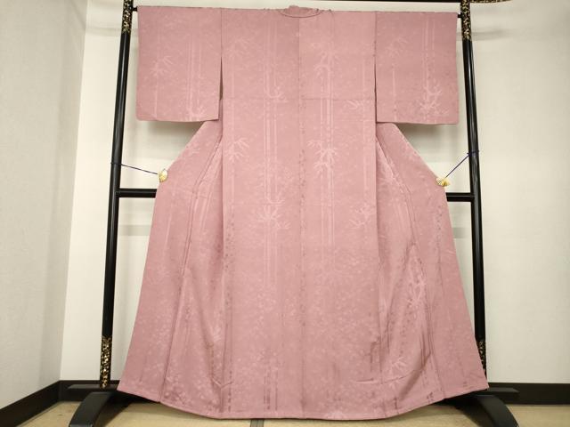 平和屋着物●上質な色無地 笹竹地紋 珊瑚色 正絹 逸品 AABK3916ck