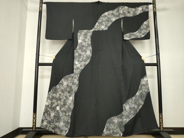 平和屋着物●訪問着 辻が花 流水花文 黒地 正絹 逸品 AABK3943ck