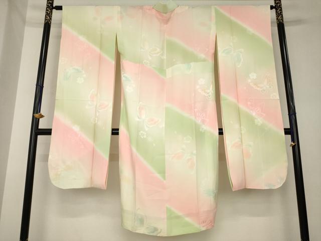 平和屋着物●振袖用長襦袢 無双仕立て 花蝶地紋 暈し染め 半衿刺繍 正絹 逸品 AABK3947ck