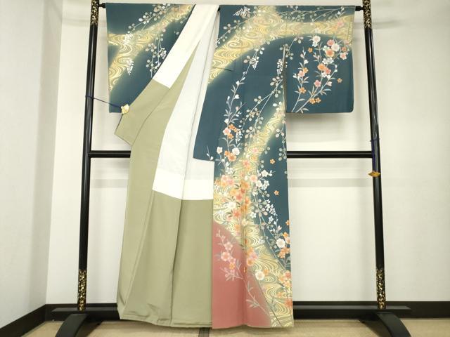 平和屋着物●訪問着 作家物 流水枝花文 暈し染め 金彩 正絹 逸品 AABK3948ck