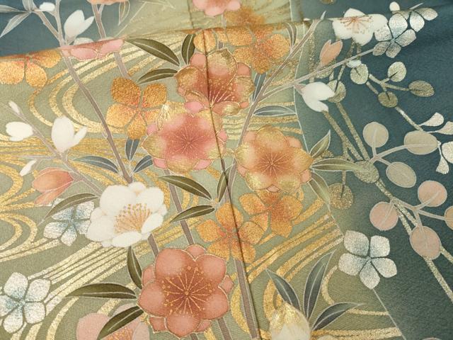 平和屋着物●訪問着 作家物 流水枝花文 暈し染め 金彩 正絹 逸品 AABK3948ck