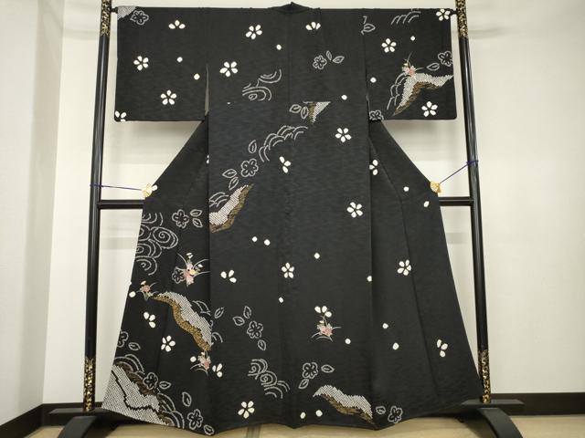 平和屋着物●訪問着 絞り 刺繍 草花文 黒地 金彩 正絹 逸品 AABK3959ck