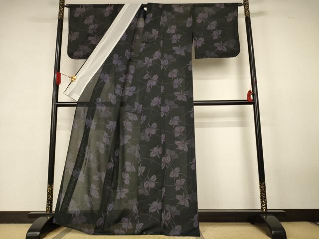 平和屋着物*夏物 小紋 紗 舞花文 黒地 洗える着物 AABK4017jd