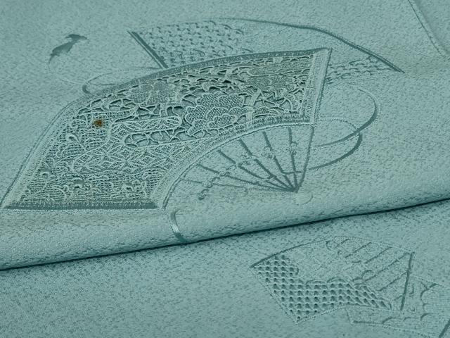 平和屋着物▽無地絵羽訪問着 単衣 中国三大刺繍 汕頭刺繍 スワトウ刺繍 総刺繍 色無地 扇面花文 千草色 正絹 逸品 AABK4025jd