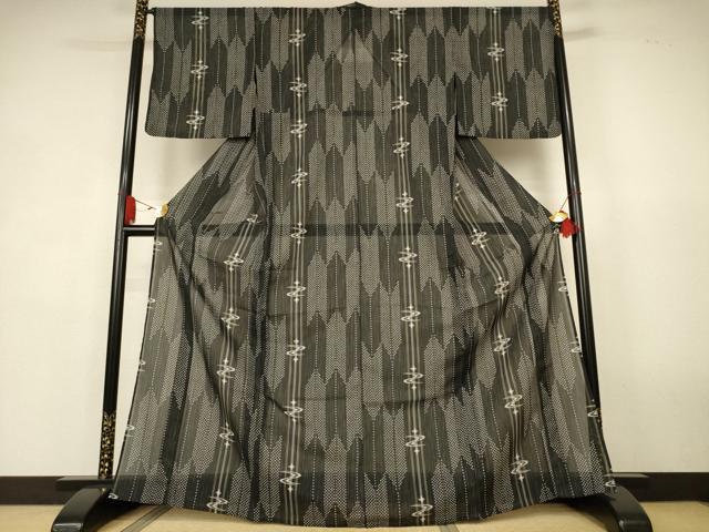 平和屋着物*夏物 小紋 紗 矢羽文 黒地 洗える着物 AABK4028jd