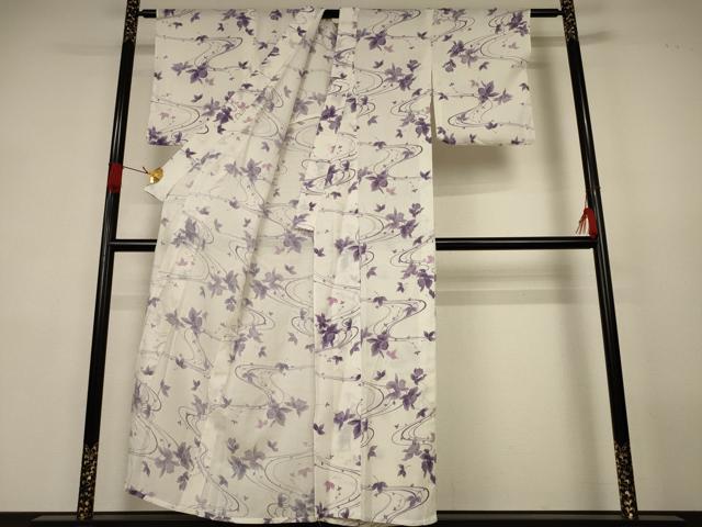 平和屋着物*夏物 小紋 紗 流水草花文 洗える着物 AABK4039jd