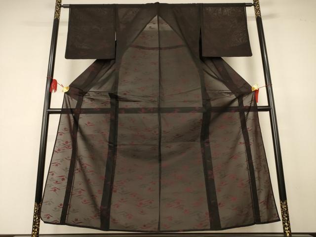 平和屋着物*夏物 小紋 絽 草花文 黒地 正絹 逸品 AABK4079jd