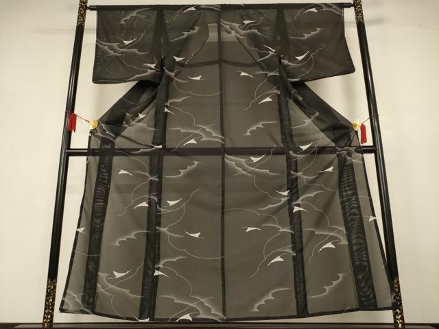 平和屋着物*夏物 小紋 絽 飛鳥文 黒地 洗える着物 AABK4154jd