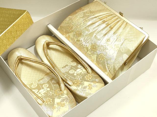 平和屋着物▼和装小物 和装バッグ・草履セット 佐賀錦 几帳花文 金銀糸 逸品 AABK4194ay