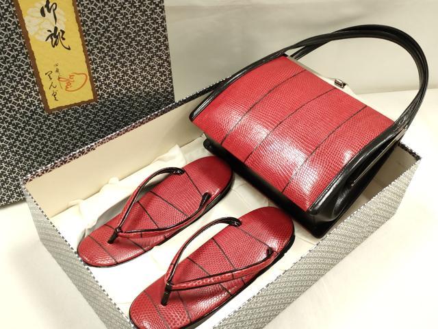 平和屋着物▼和装小物 和装バッグ・草履セット 心斎橋 てんぐ ハンドバッグ 赤×黒 皮革製品 逸品 AABK4198ay
