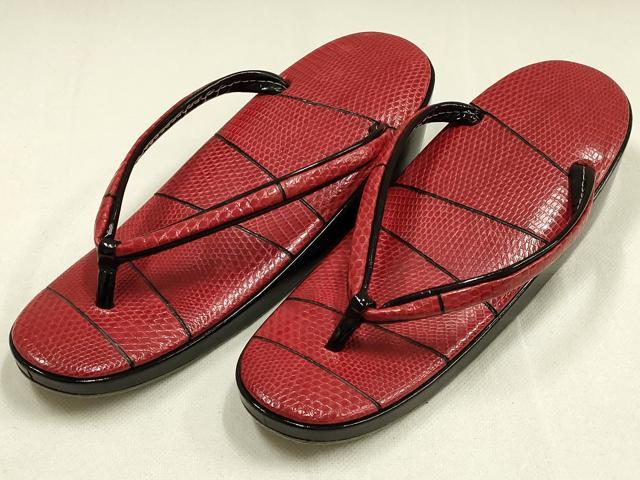 平和屋着物▼和装小物 和装バッグ・草履セット 心斎橋 てんぐ ハンドバッグ 赤×黒 皮革製品 逸品 AABK4198ay