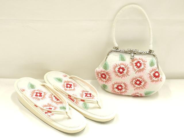平和屋着物▼和装小物 和装バッグ・草履セット ビーズ ハンドバッグ 花柄 逸品 AABK4214ay