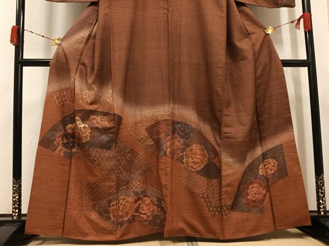 平和屋着物●訪問着 紬地 総刺繍 中国三大刺繍 スワトウ刺繍 汕頭刺繍 地紙花文 暈し染め 正絹 逸品 AABK4311ph