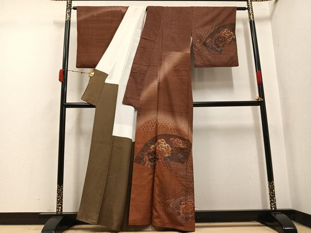 平和屋着物●訪問着 紬地 総刺繍 中国三大刺繍 スワトウ刺繍 汕頭刺繍 地紙花文 暈し染め 正絹 逸品 AABK4311ph
