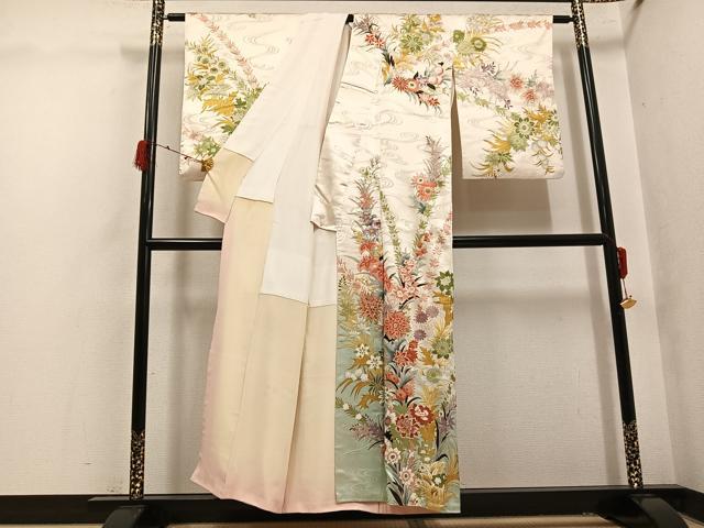 平和屋着物●訪問着 刺繍 草花文 暈し染め 金彩 正絹 逸品 AABK4338ph