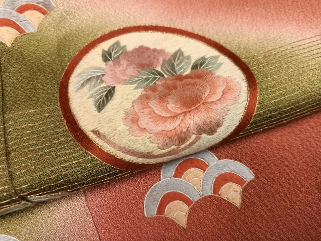 平和屋着物●訪問着 刺繍 草花丸文 暈し染め 金糸 正絹 逸品 AABK4354ph