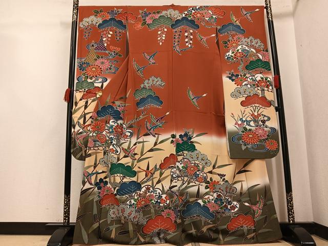 平和屋着物●豪華振袖 紅型 群れ鶴草花文 暈し染め 正絹 逸品 AABK4369ph