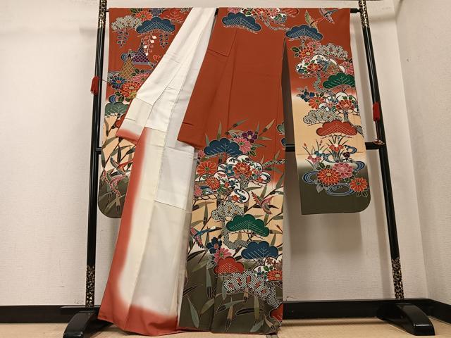 平和屋着物●豪華振袖 紅型 群れ鶴草花文 暈し染め 正絹 逸品 AABK4369ph