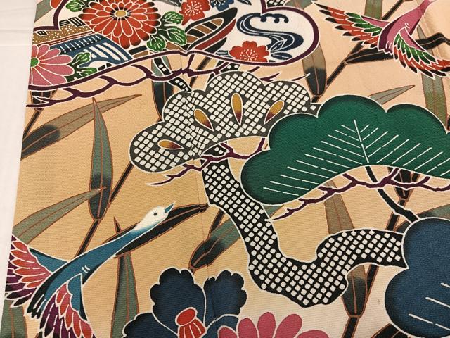 平和屋着物●豪華振袖 紅型 群れ鶴草花文 暈し染め 正絹 逸品 AABK4369ph