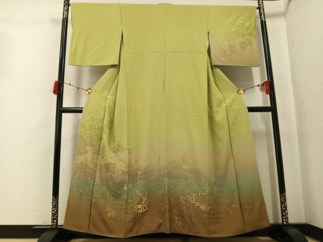 平和屋着物●訪問着 総刺繍 中国三大刺繍 スワトウ刺繍 汕頭刺繍 孔雀花文 暈し染め 金糸 正絹 逸品 AABK4389ph