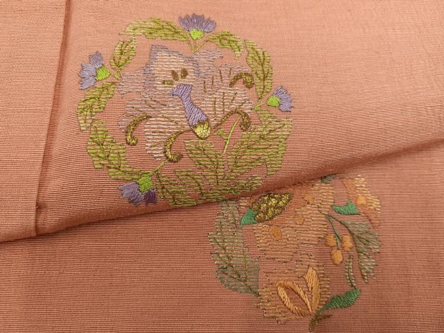平和屋着物●訪問着 紬地 総刺繍 更紗文 金糸 正絹 逸品 AABK4404ph