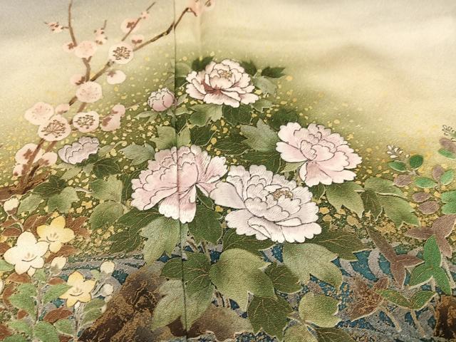 平和屋着物●訪問着 作家物 手描き 草花文 暈し染め 金彩 金通し地 正絹 逸品 AABK4433ph