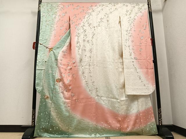 平和屋着物●豪華振袖 駒刺繍 糸巻枝垂れ桜文 暈し染め 金銀彩 正絹 逸品 AABK4437ph